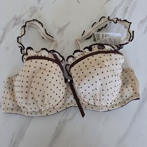 Polka Dot Ruffle Trim Bra - Cream and Brown